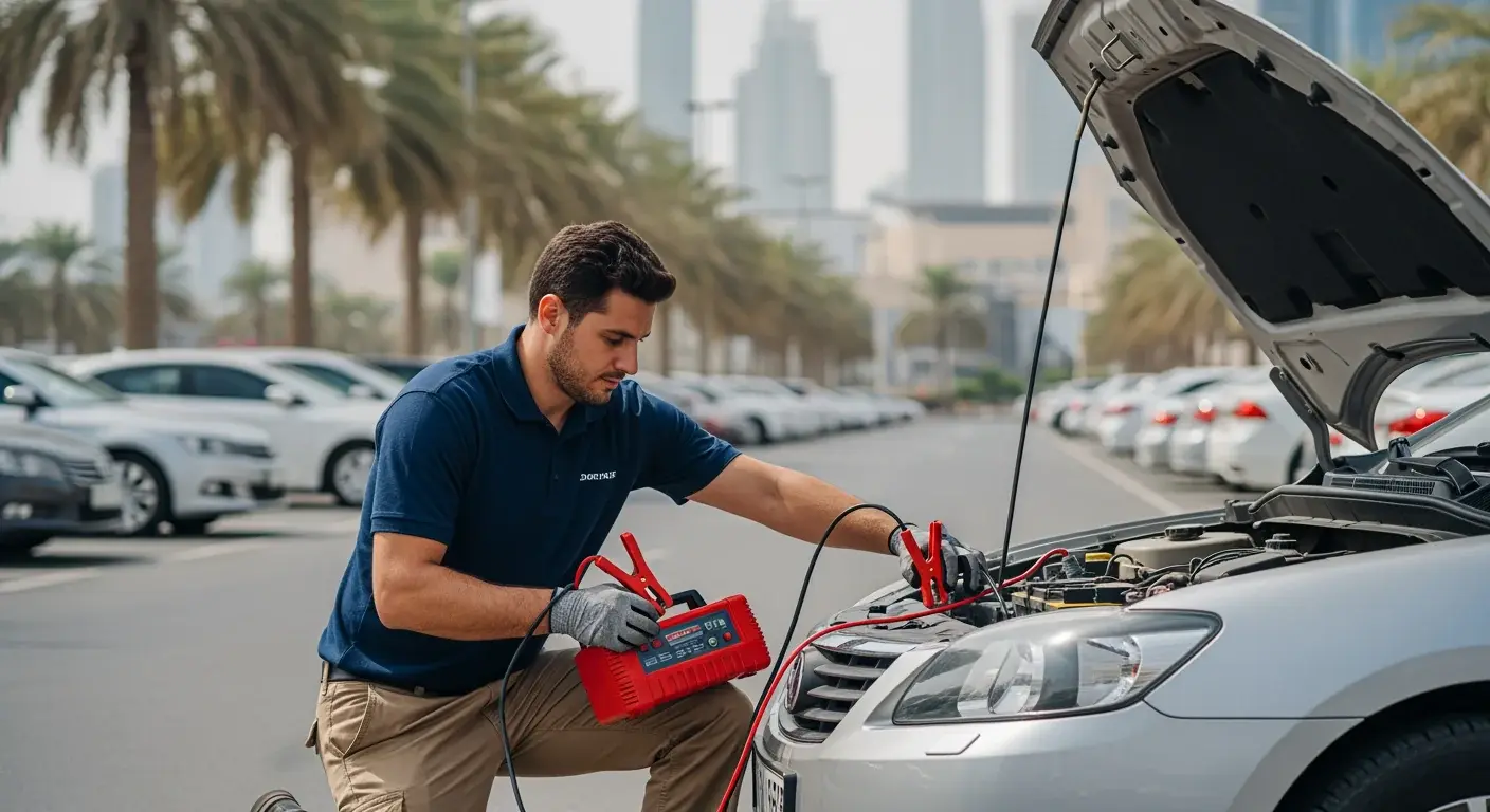 Technician connecting jump-start cables to a car battery in a Dubai car park