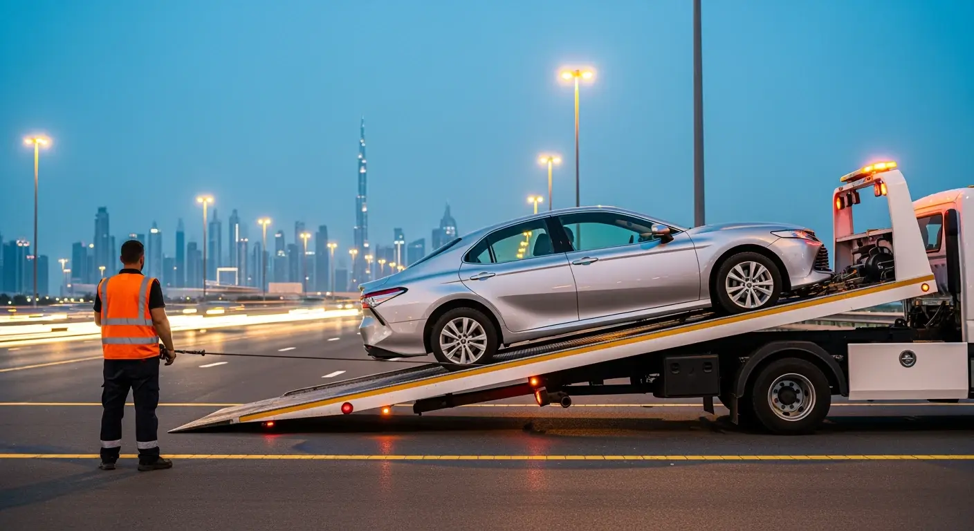 Silver sedan being winched onto a flatbed recovery truck on a Dubai highway at dusk