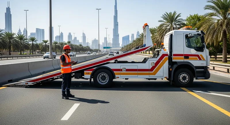 Black flatbed recovery truck with hydraulic deck tilted down loading silver sedan in Dubai